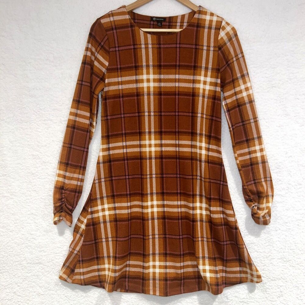 Versona Women's Orange White & Black Plaid Tunic Long Sleeve Aline Dress Size XS